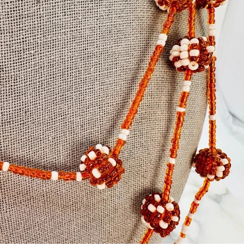 Vintage Beaded Station Necklace Very Long 62” Burnt Orange Polka Dot Est…